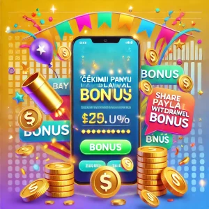 Çekimini Paylaş Bonusu, bonus fırsatını renkli kutlama temasıyla yansıtan bir tasarım.
